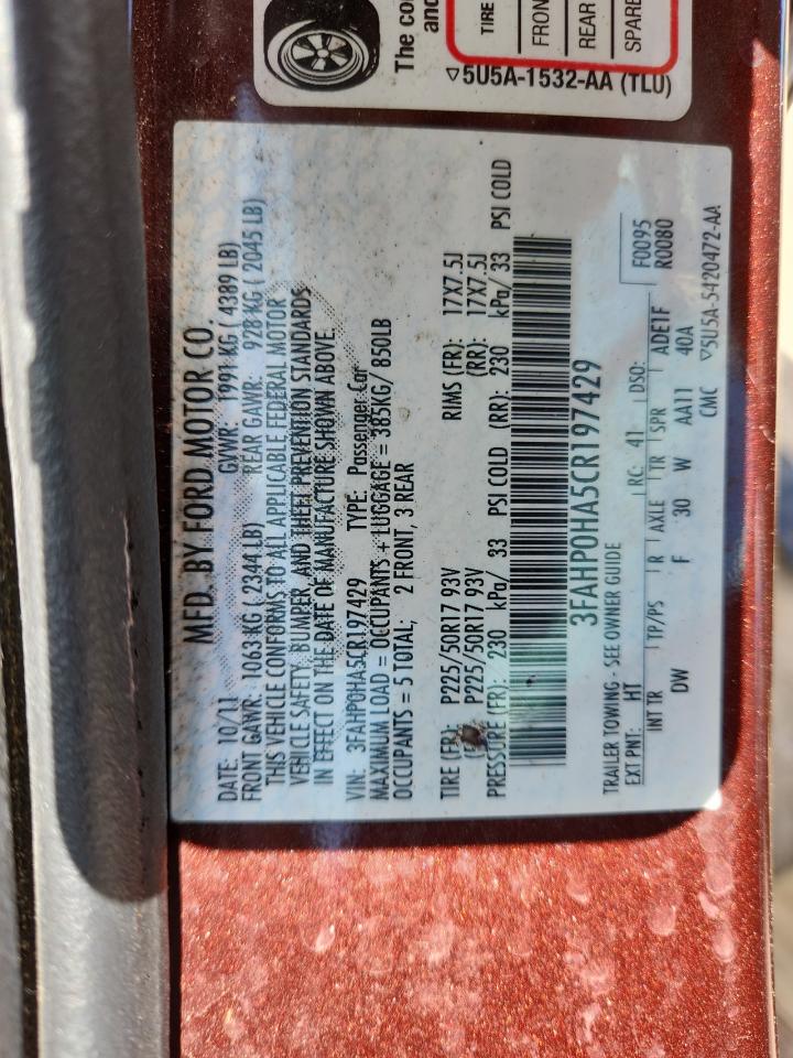 2012 Ford Fusion Se VIN: 3FAHP0HA5CR197429 Lot: 71191925