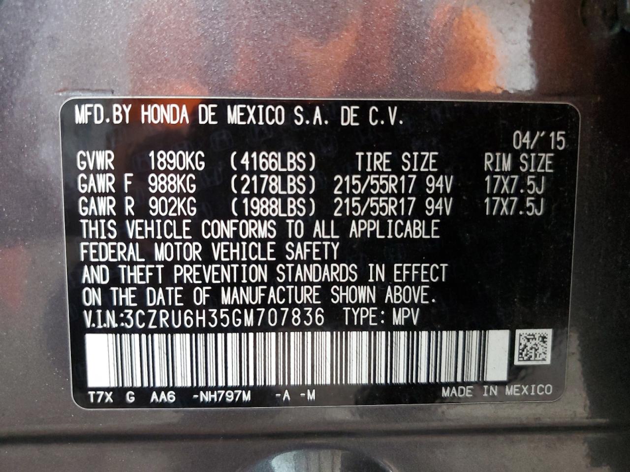 2016 Honda Hr-V Lx VIN: 3CZRU6H35GM707836 Lot: 80509365