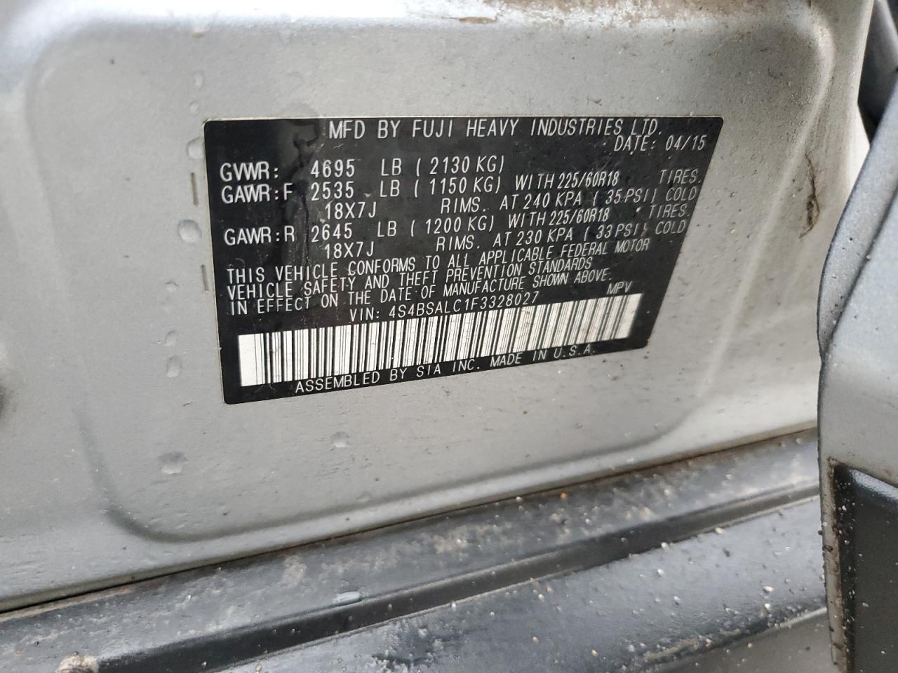 2015 Subaru Outback 2.5I Limited VIN: 4S4BSALC1F3328027 Lot: 71498565