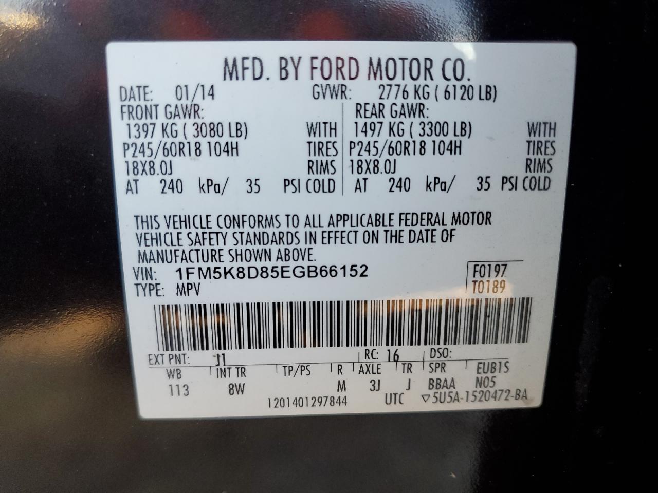 2014 Ford Explorer Xlt VIN: 1FM5K8D85EGB66152 Lot: 80193435