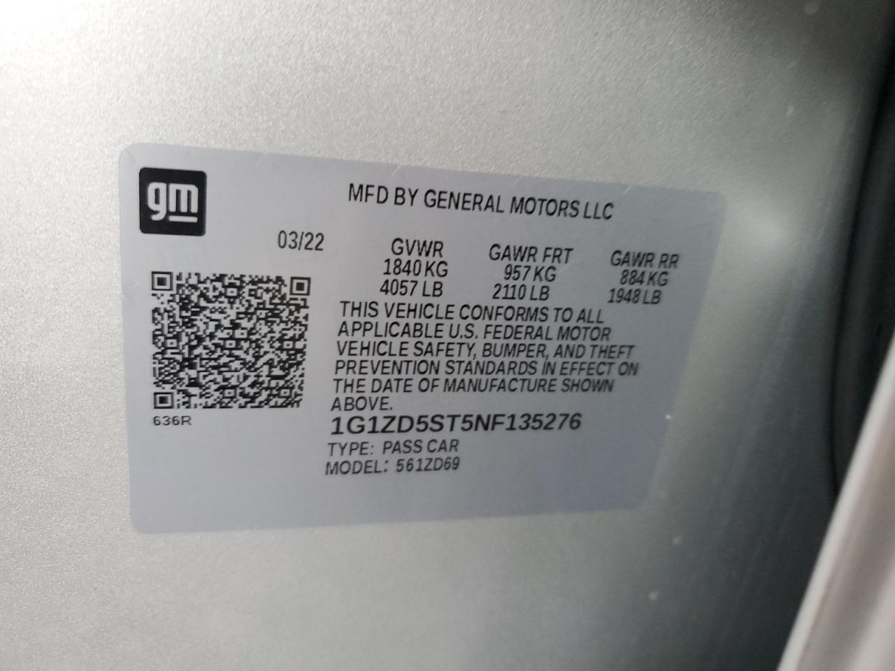 2022 Chevrolet Malibu Lt VIN: 1G1ZD5ST5NF135276 Lot: 83949205