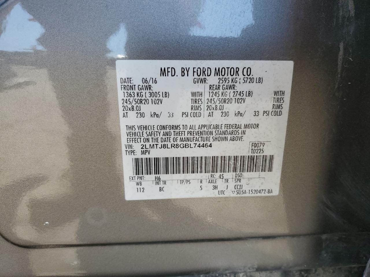 2016 Lincoln Mkx Reserve VIN: 2LMTJ8LR8GBL74464 Lot: 71910985