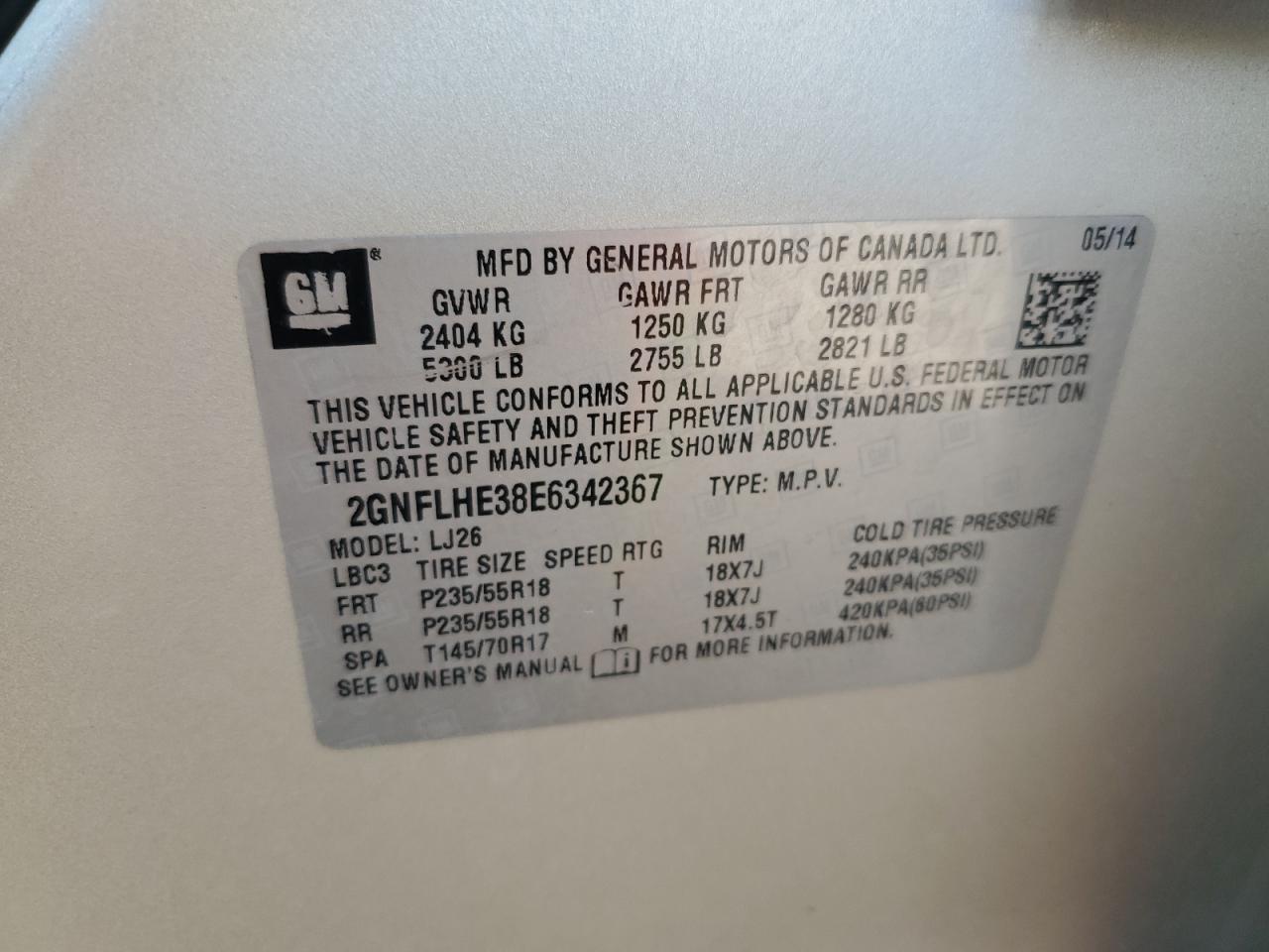 2014 Chevrolet Equinox Ltz VIN: 2GNFLHE38E6342367 Lot: 81005575