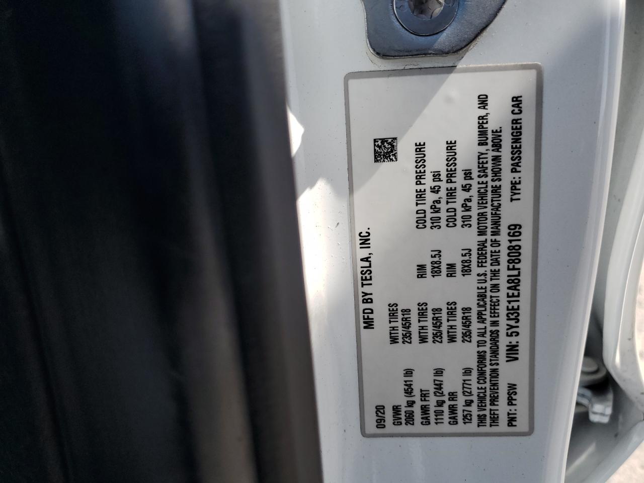 2020 Tesla Model 3 VIN: 5YJ3E1EA8LF808169 Lot: 84801645