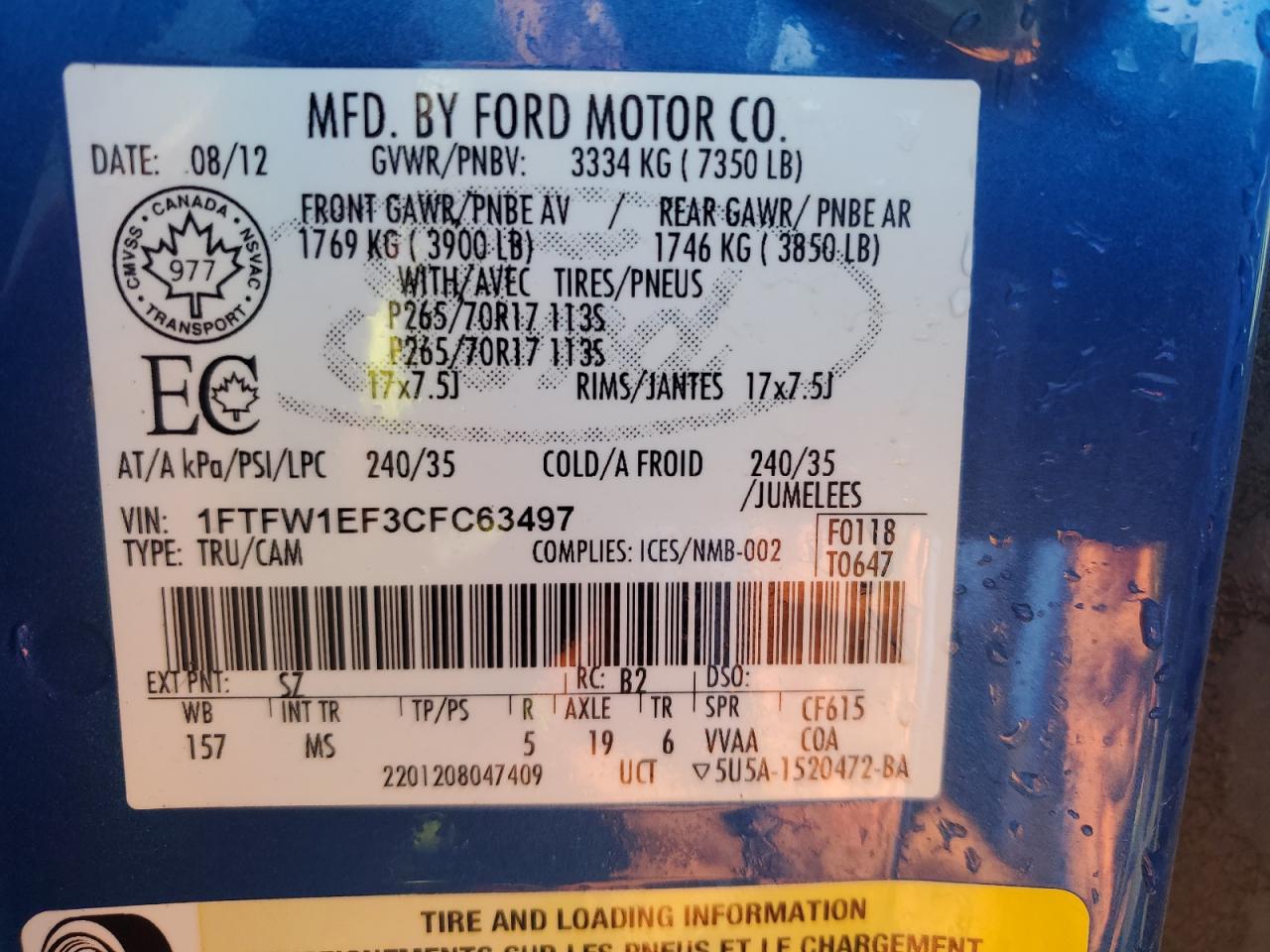 2012 Ford F150 Supercrew VIN: 1FTFW1EF3CFC63497 Lot: 70918885
