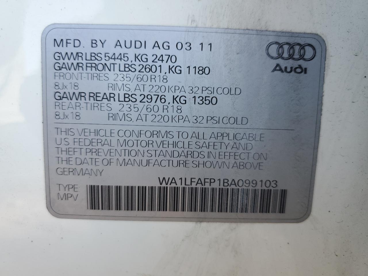 2011 Audi Q5 Premium Plus VIN: WA1LFAFP1BA099103 Lot: 80723335