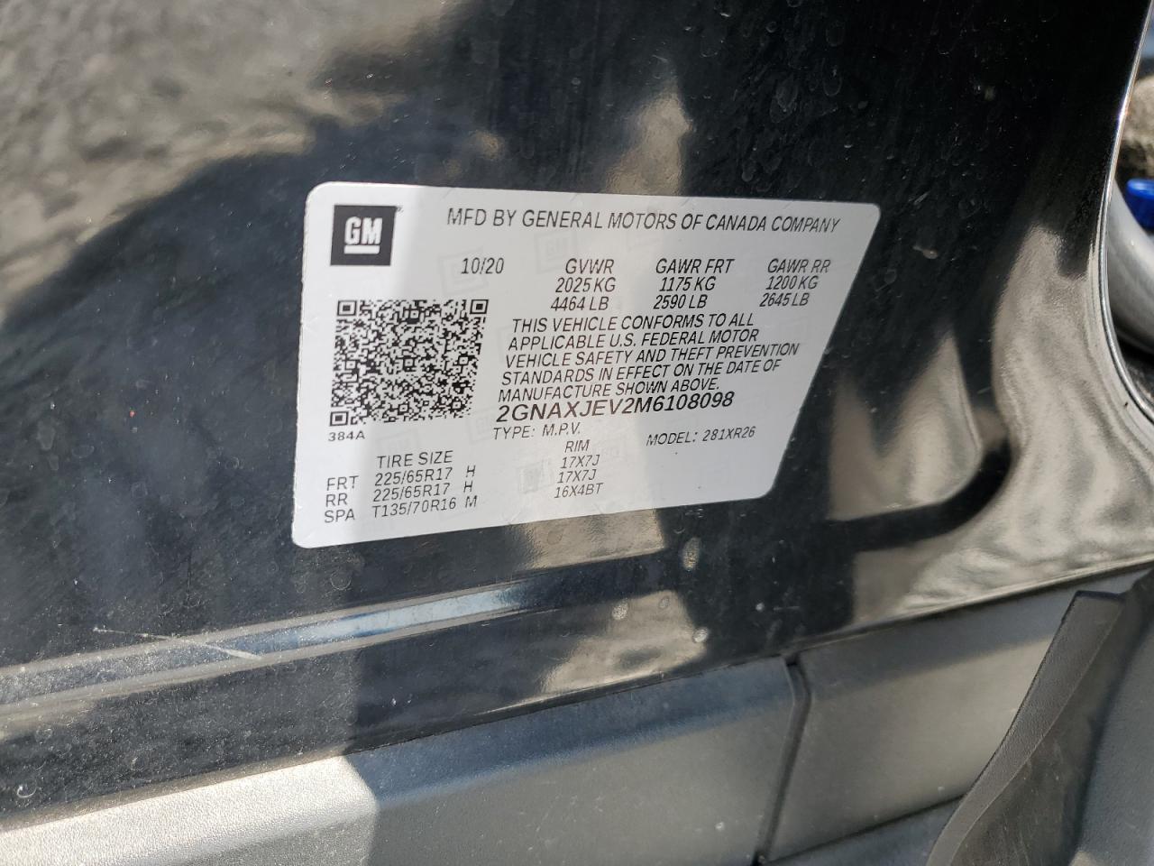 2021 Chevrolet Equinox Lt VIN: 2GNAXJEV2M6108098 Lot: 71370945