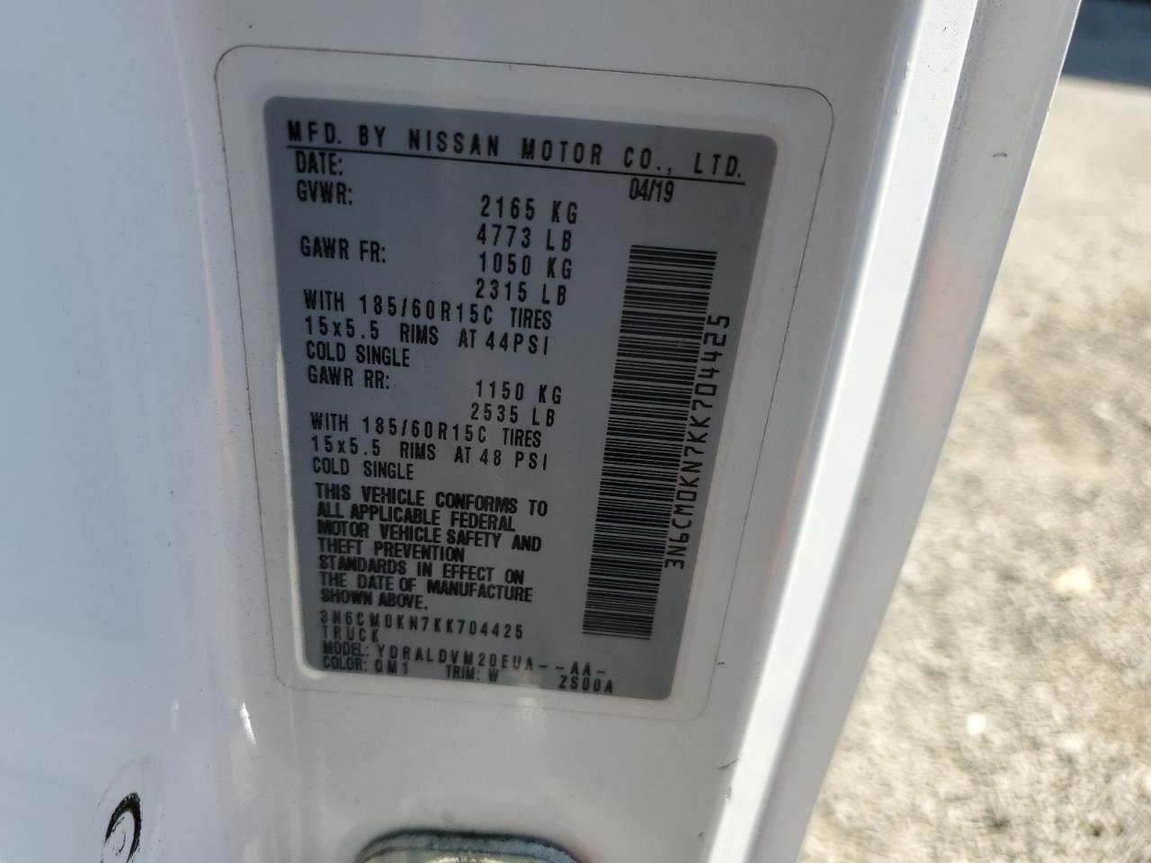 2019 Nissan Nv200 2.5S VIN: 3N6CM0KN7KK704425 Lot: 84921515