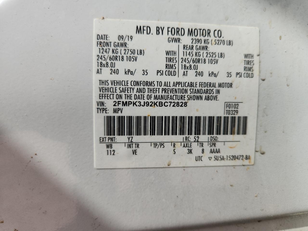 2019 Ford Edge Sel VIN: 2FMPK3J92KBC72828 Lot: 80555475