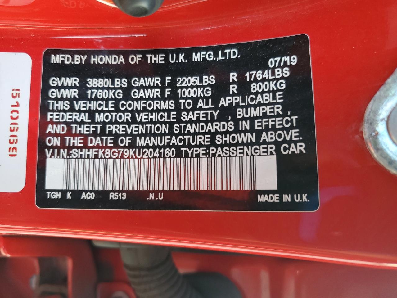 2019 Honda Civic Type-R Touring VIN: SHHFK8G79KU204160 Lot: 81275345