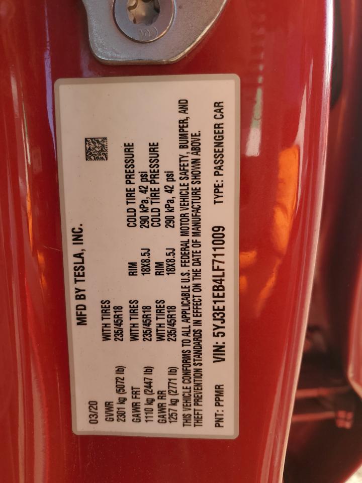 2020 Tesla Model 3 VIN: 5YJ3E1EB4LF711009 Lot: 81862895