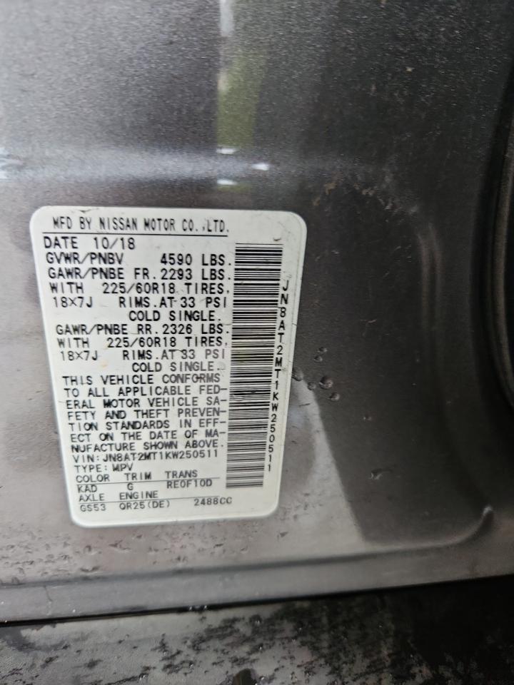 2019 Nissan Rogue S VIN: JN8AT2MT1KW250511 Lot: 71327575