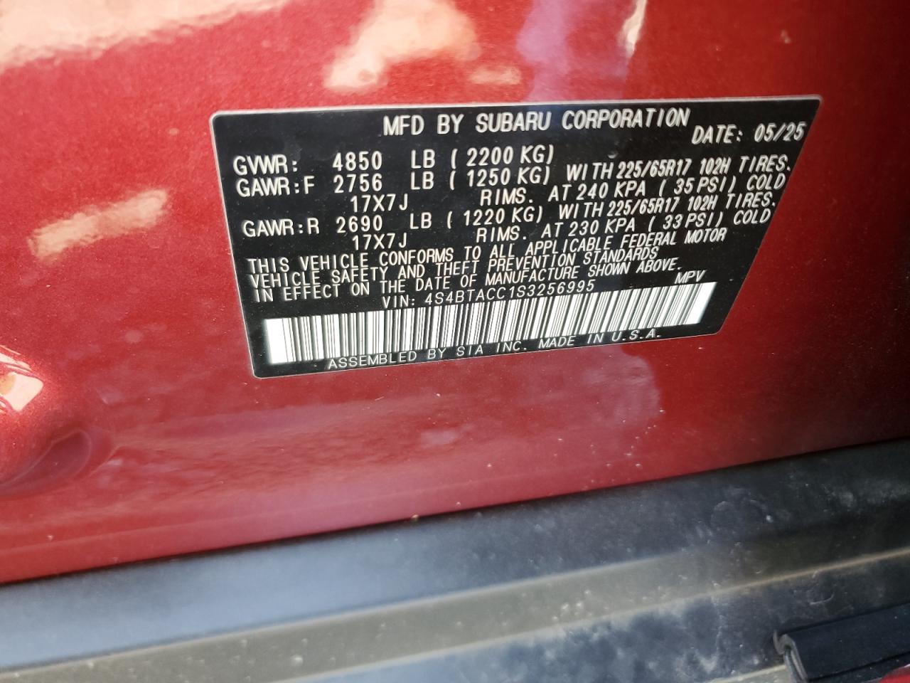 2025 Subaru Outback Premium VIN: 4S4BTACC1S3256995 Lot: 71395995