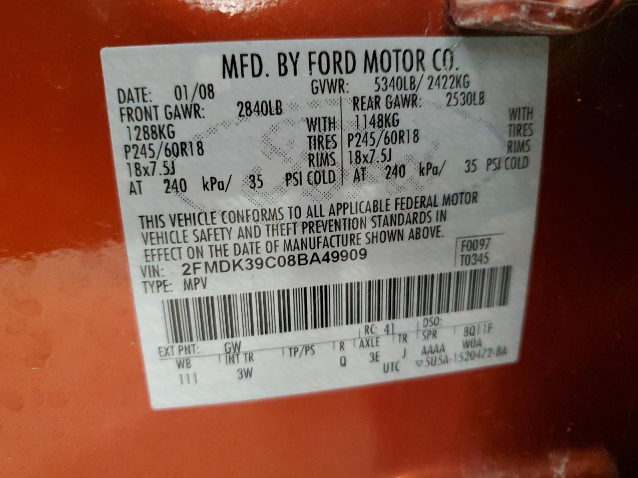 2008 Ford Edge Limited VIN: 2FMDK39C08BA49909 Lot: 71839655