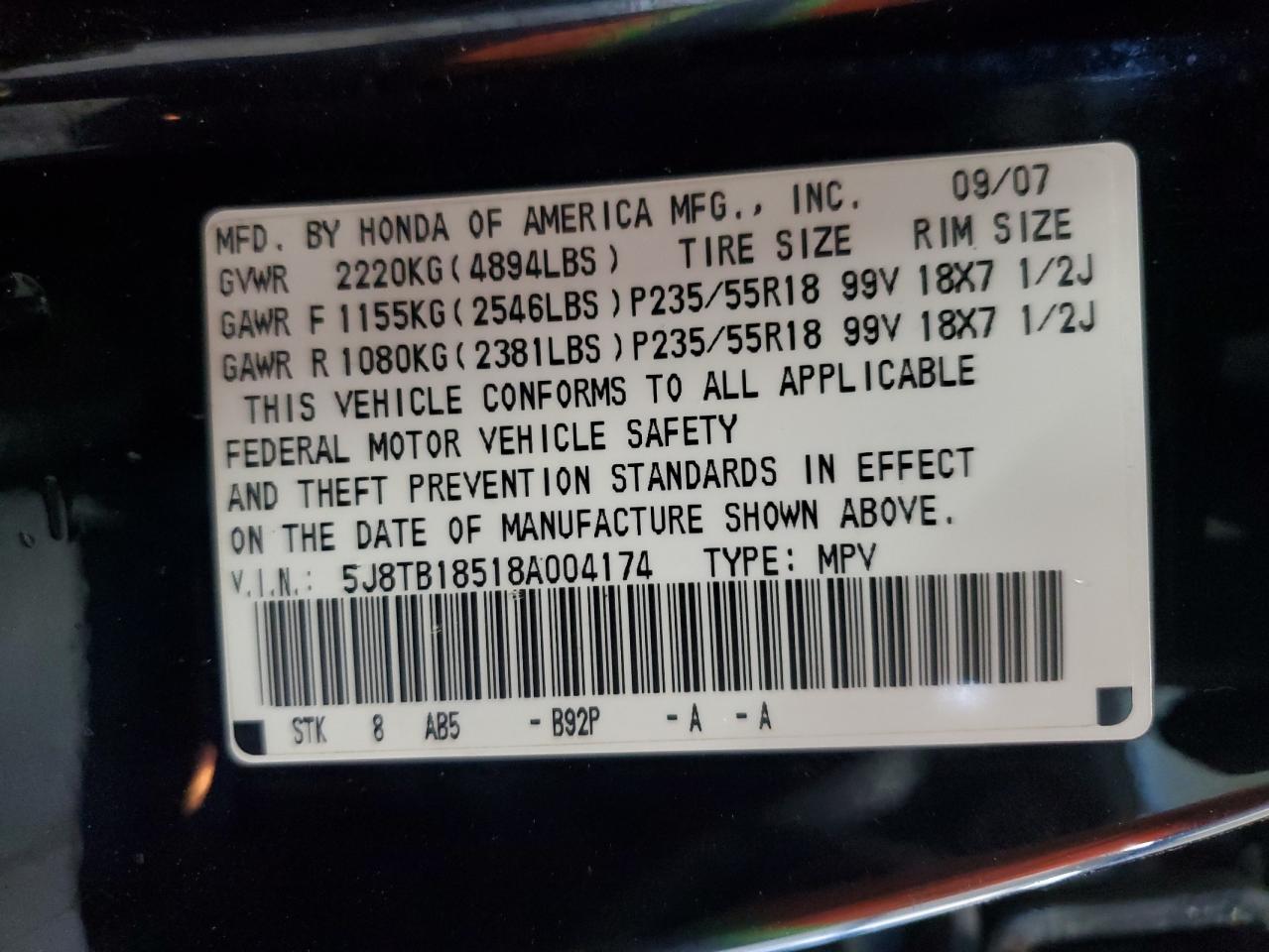 2008 Acura Rdx Technology VIN: 5J8TB18518A004174 Lot: 83759475