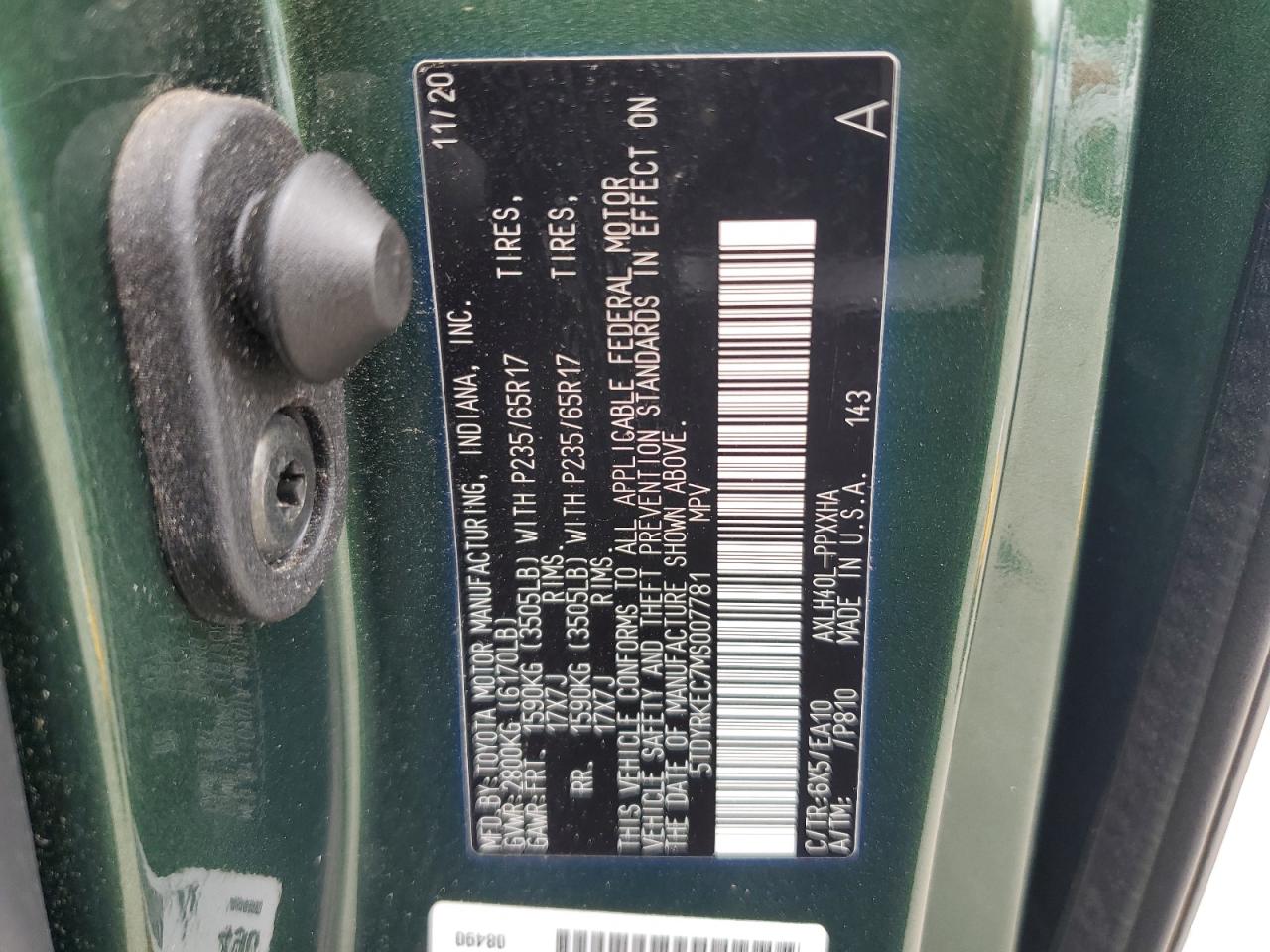 2021 Toyota Sienna Xle VIN: 5TDYRKEC7MS007781 Lot: 80225555