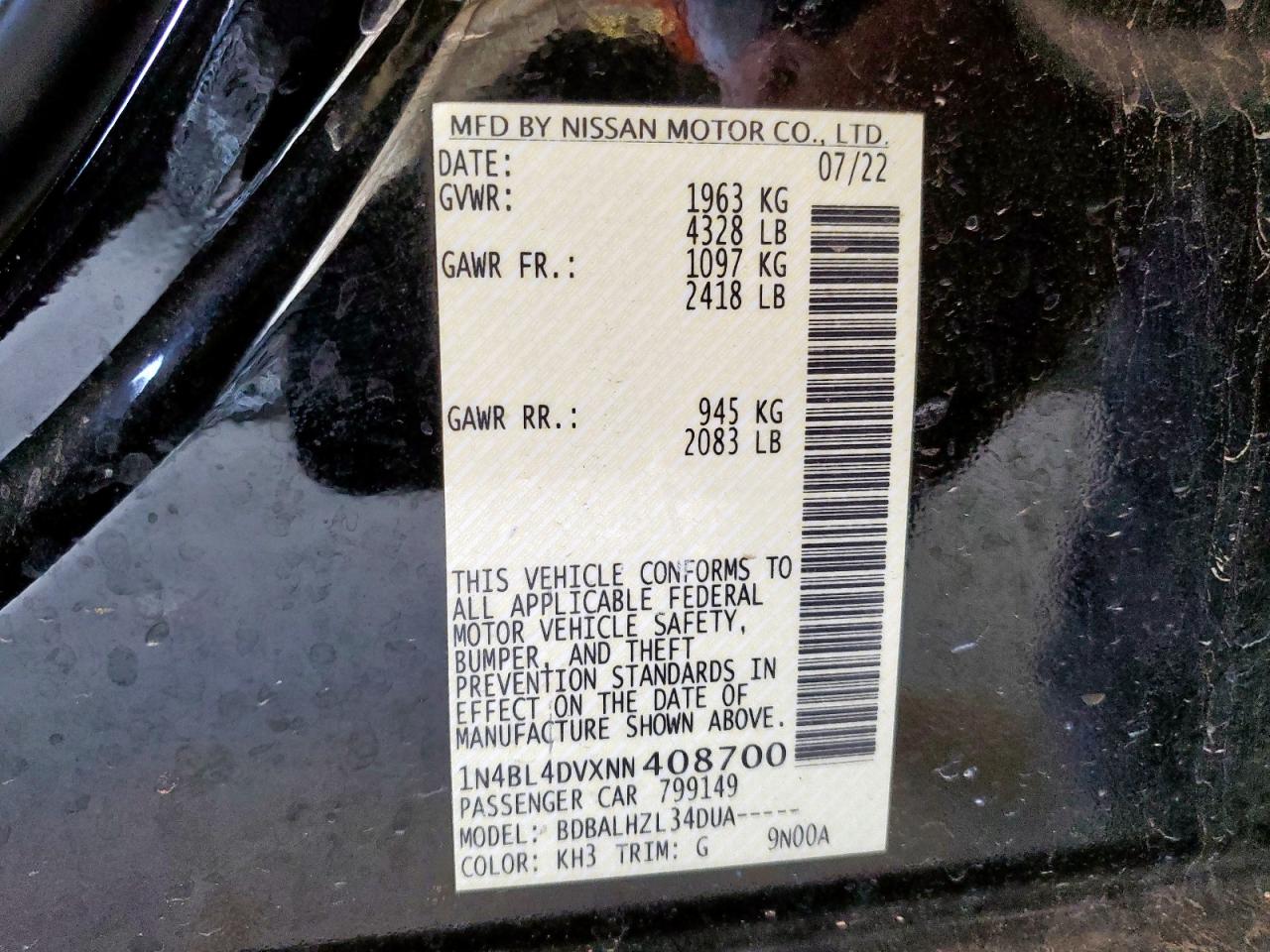 2022 Nissan Altima Sv VIN: 1N4BL4DVXNN408700 Lot: 81296875