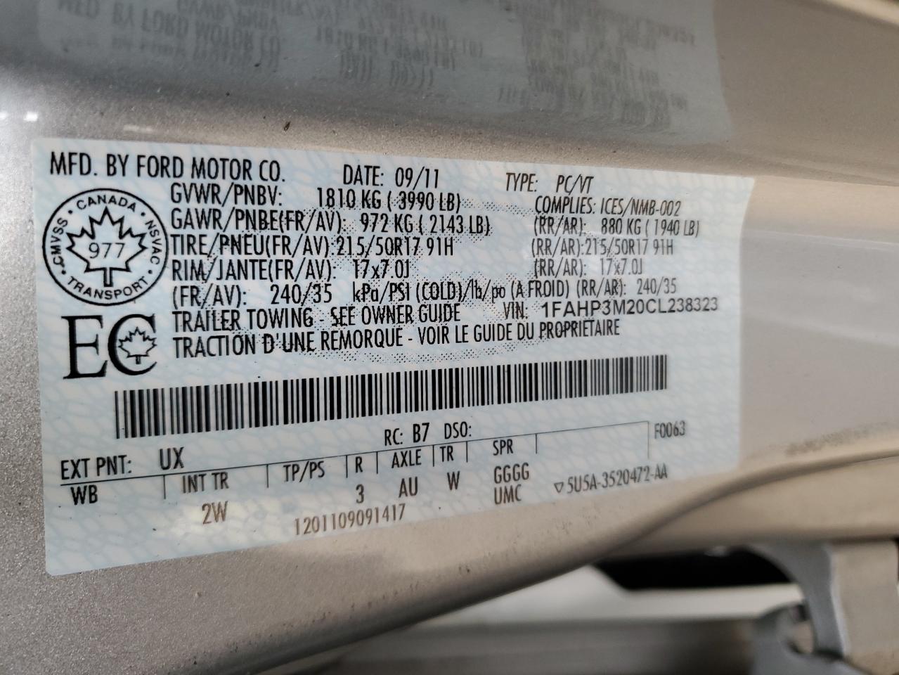 2012 Ford Focus Sel VIN: 1FAHP3M20CL238323 Lot: 69440965