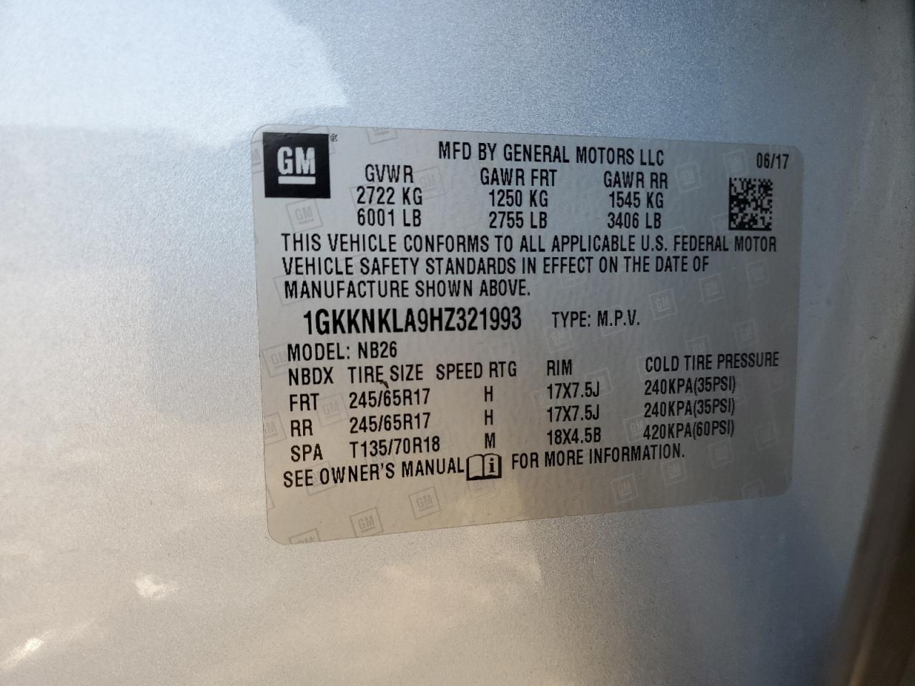 2017 GMC Acadia Sle VIN: 1GKKNKLA9HZ321993 Lot: 84263485