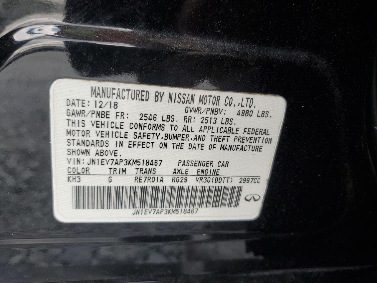 2019 Infiniti Q50 Luxe VIN: JN1EV7AP3KM518467 Lot: 71650975