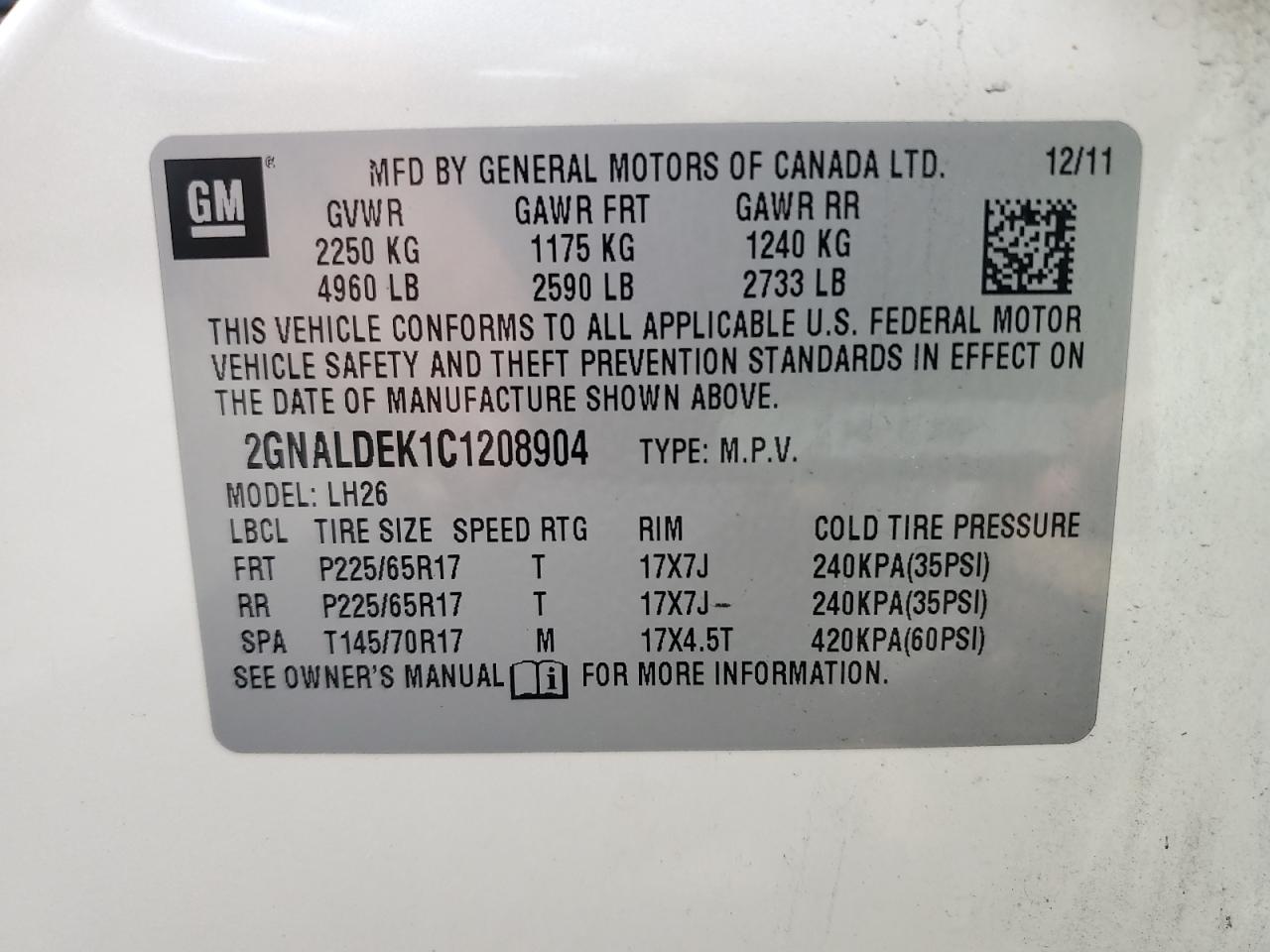 2012 Chevrolet Equinox Lt VIN: 2GNALDEK1C1208904 Lot: 71852465