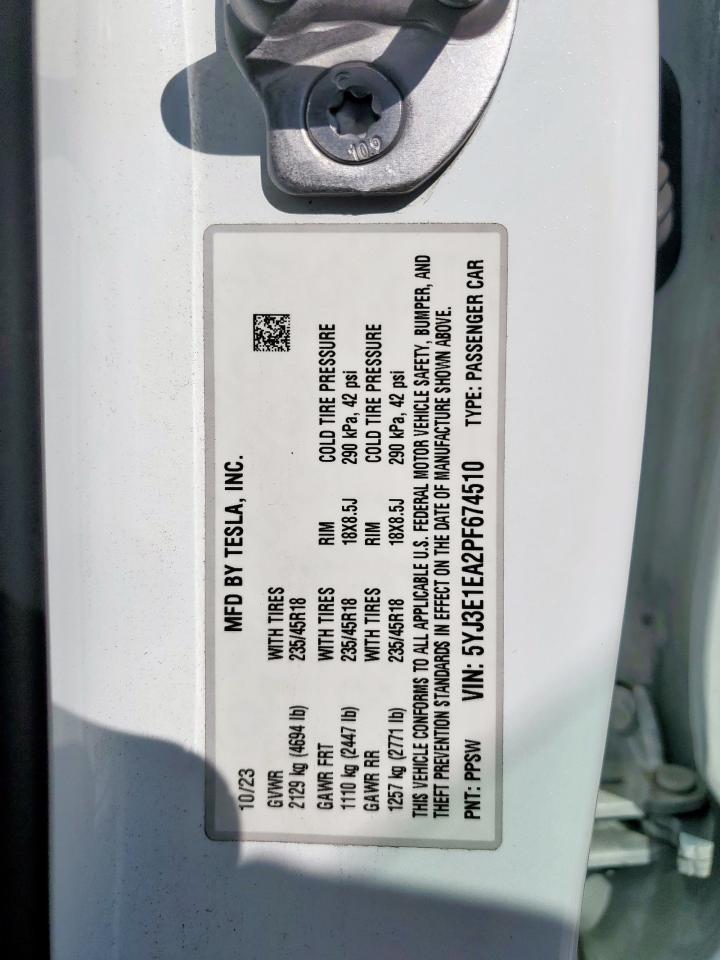 2023 Tesla Model 3 VIN: 5YJ3E1EA2PF674510 Lot: 84262225