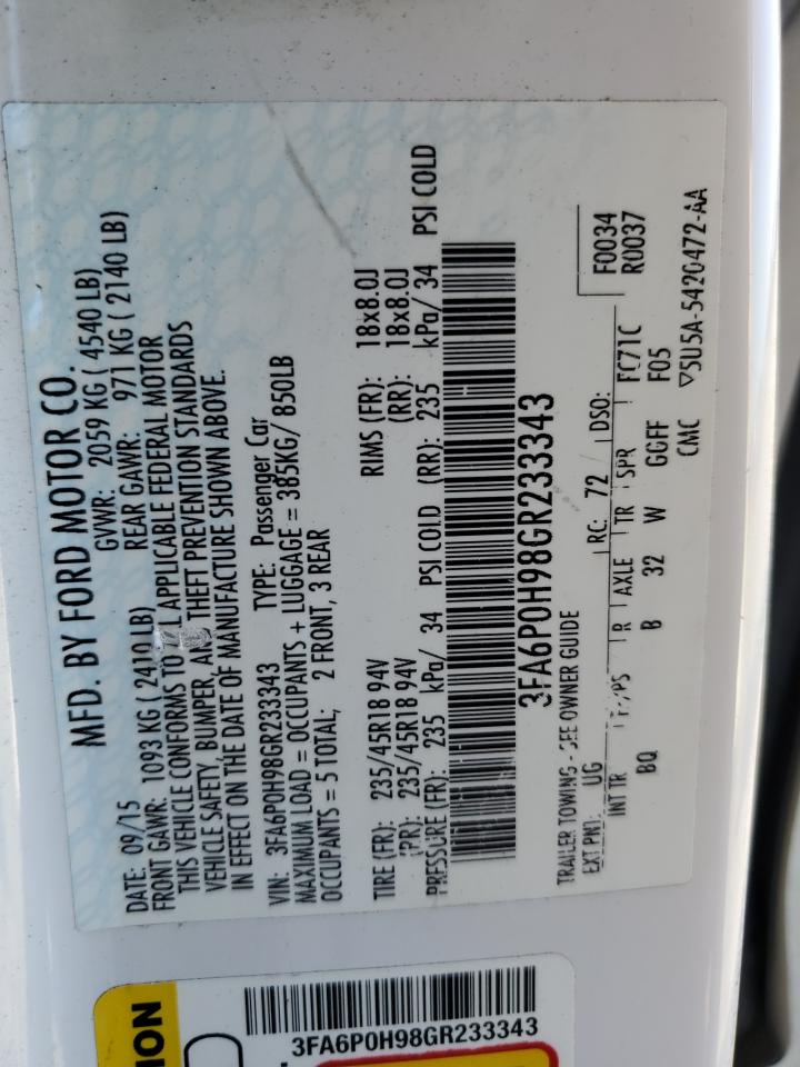 2016 Ford Fusion Se VIN: 3FA6P0H98GR233343 Lot: 81815755