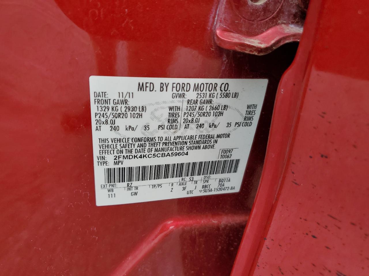 2012 Ford Edge Limited VIN: 2FMDK4KC5CBA59604 Lot: 82111755