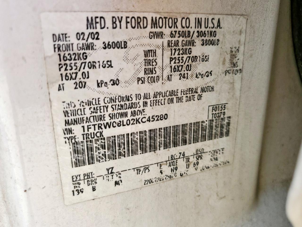 2002 Ford F150 Supercrew VIN: 1FTRW08L02KC45280 Lot: 84419675