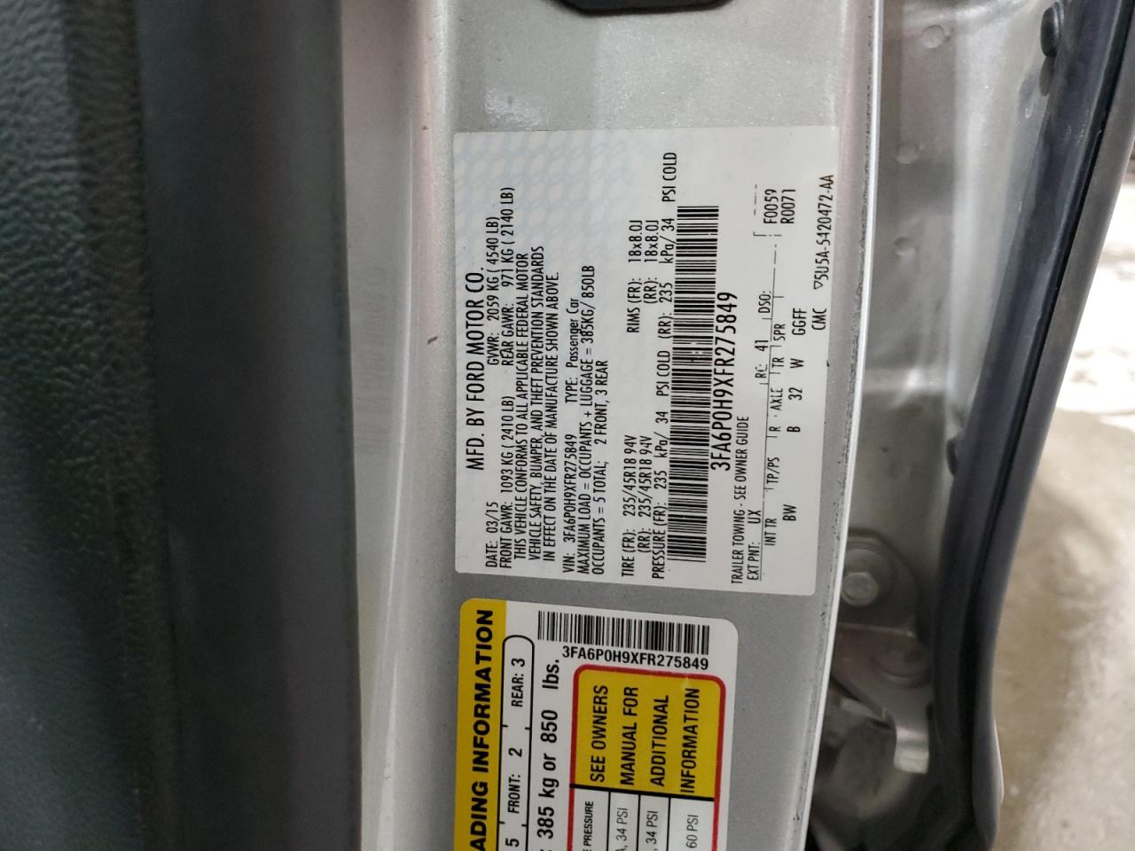 2015 Ford Fusion Se VIN: 3FA6P0H9XFR275849 Lot: 80916825