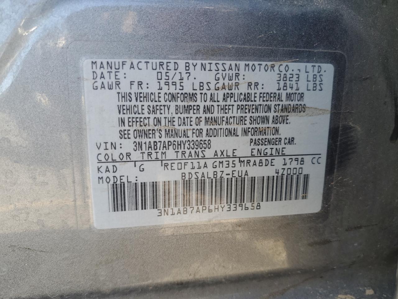 2017 Nissan Sentra S VIN: 3N1AB7AP6HY339658 Lot: 80922475