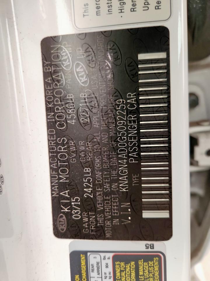 2016 Kia Optima Hybrid VIN: KNAGN4AD0G5092259 Lot: 83831975