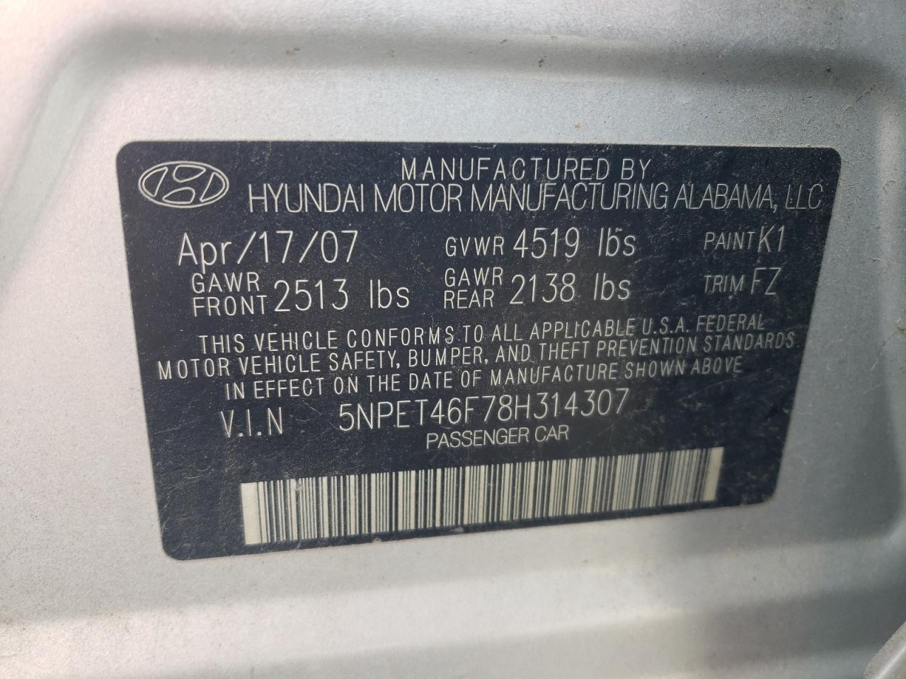 2008 Hyundai Sonata Gls VIN: 5NPET46F78H314307 Lot: 81403945