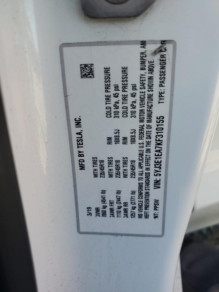 2019 Tesla Model 3 Long Range VIN: 5YJ3E1EA7KF310155 Lot: 71935115