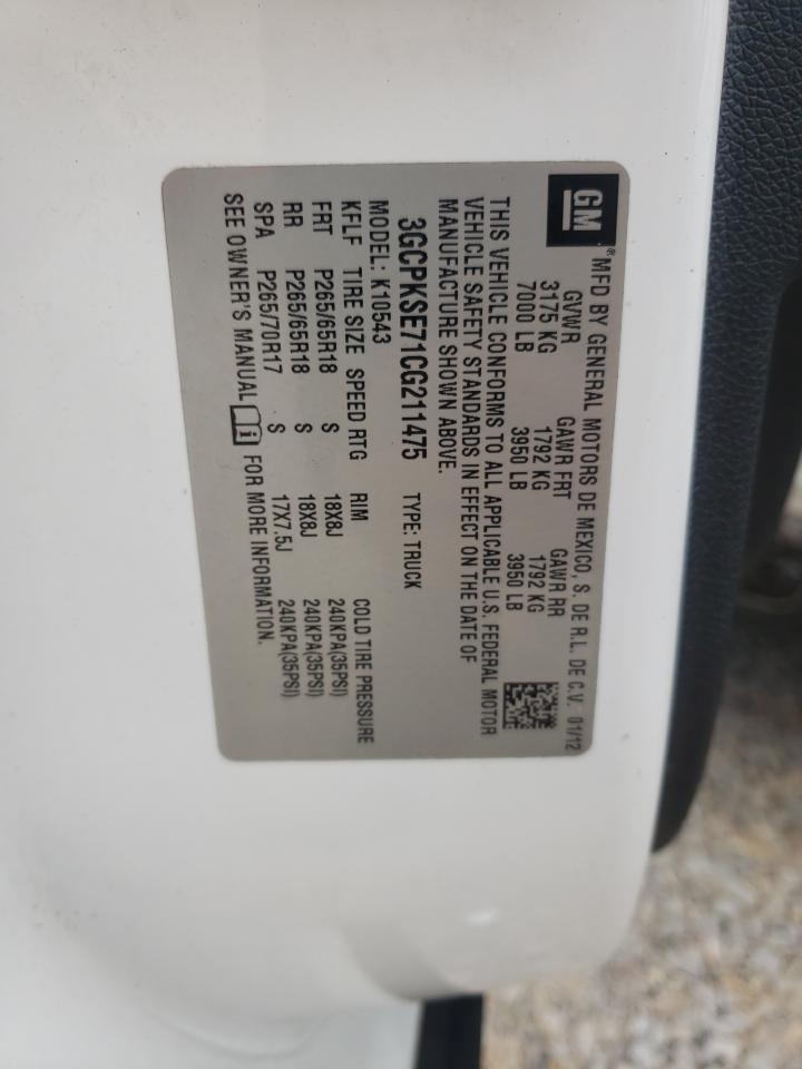 2012 Chevrolet Silverado K1500 Lt VIN: 3GCPKSE71CG211475 Lot: 84055195