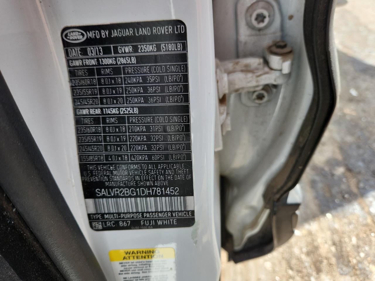 2013 Land Rover Range Rover Evoque Pure Premium VIN: SALVR2BG1DH781452 Lot: 93842365