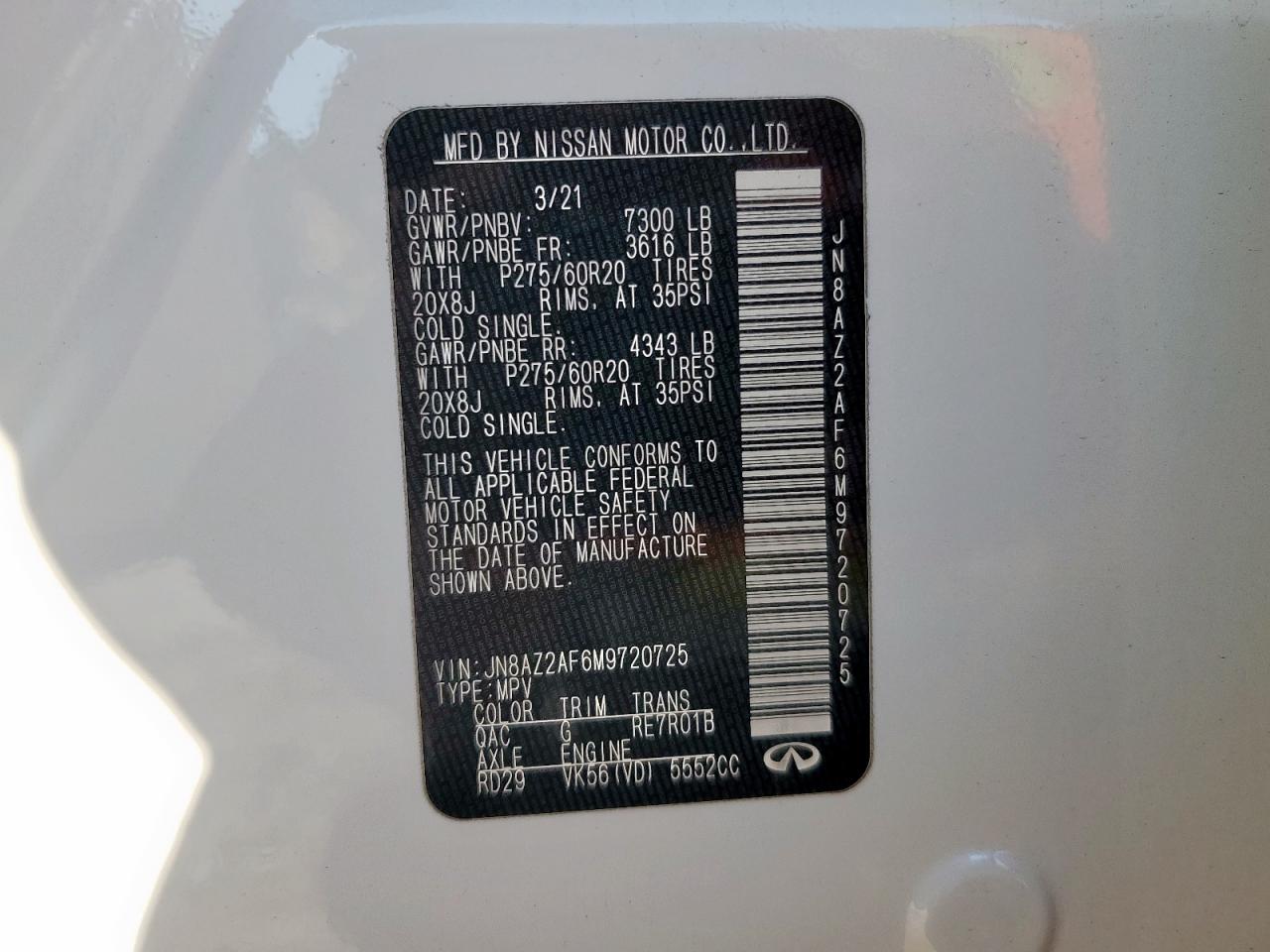 2021 Infiniti Qx80 Luxe VIN: JN8AZ2AF6M9720725 Lot: 71040895