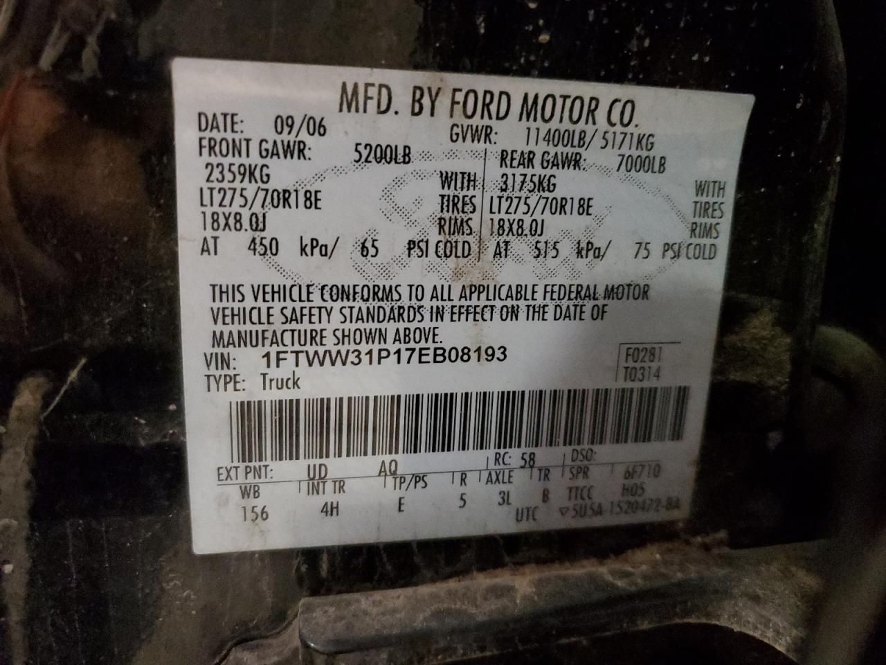 2007 Ford F350 Srw Super Duty VIN: 1FTWW31P17EB08193 Lot: 80632115