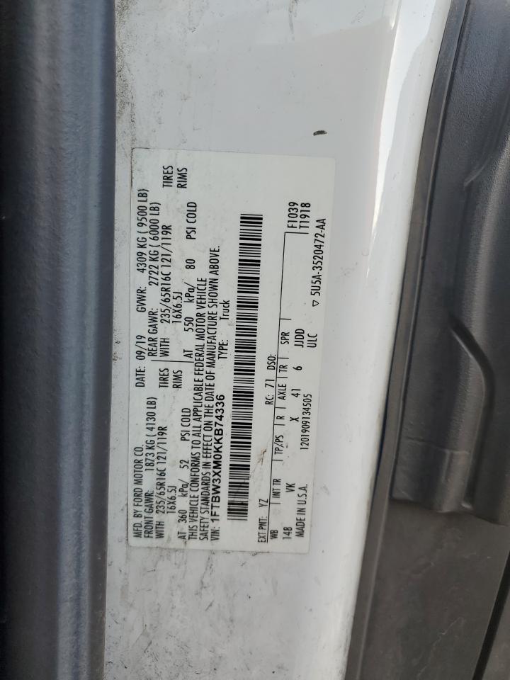 2019 Ford Transit T-350 VIN: 1FTBW3XM0KKB74336 Lot: 81640185