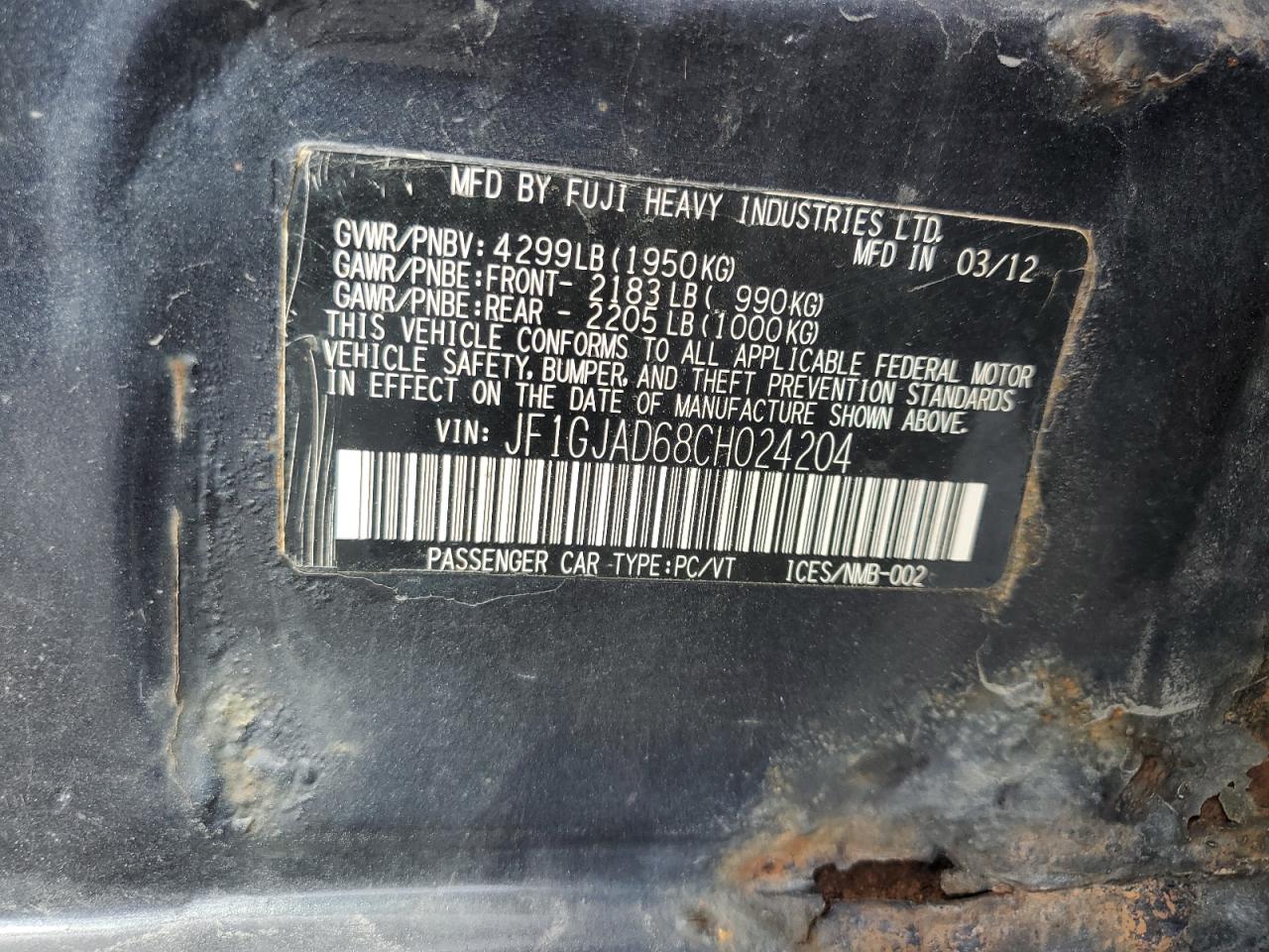 2012 Subaru Impreza Premium VIN: JF1GJAD68CH024204 Lot: 80564295