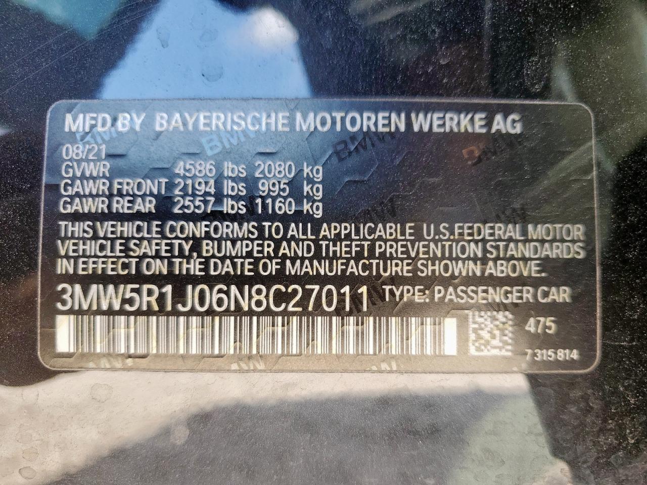 2022 BMW 330I VIN: 3MW5R1J06N8C27011 Lot: 80242315