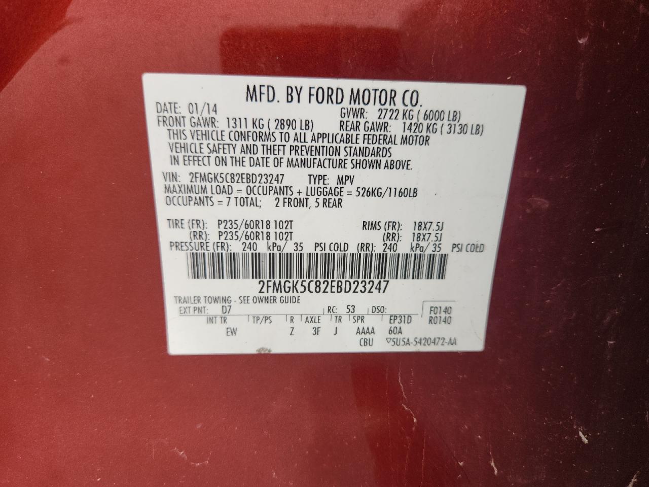 2014 Ford Flex Sel VIN: 2FMGK5C82EBD23247 Lot: 81545305