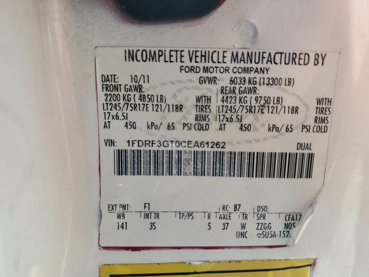 2012 Ford F350 Super Duty VIN: 1FDRF3GT0CEA61262 Lot: 84720095