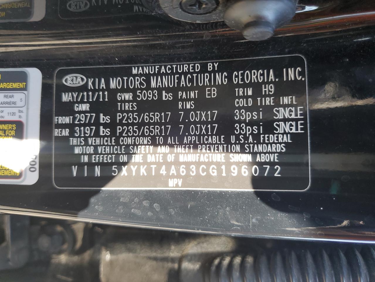 2012 Kia Sorento Base VIN: 5XYKT4A63CG196072 Lot: 71535505