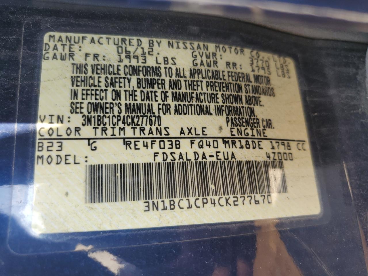 2012 Nissan Versa S VIN: 3N1BC1CP4CK277670 Lot: 81231555