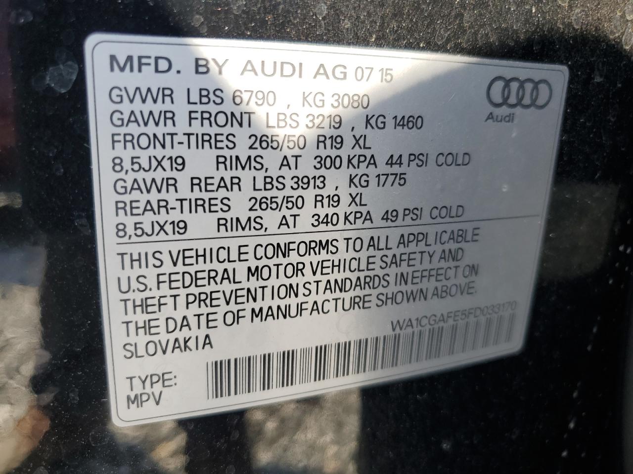 2015 Audi Q7 Premium VIN: WA1CGAFE5FD033170 Lot: 80878165