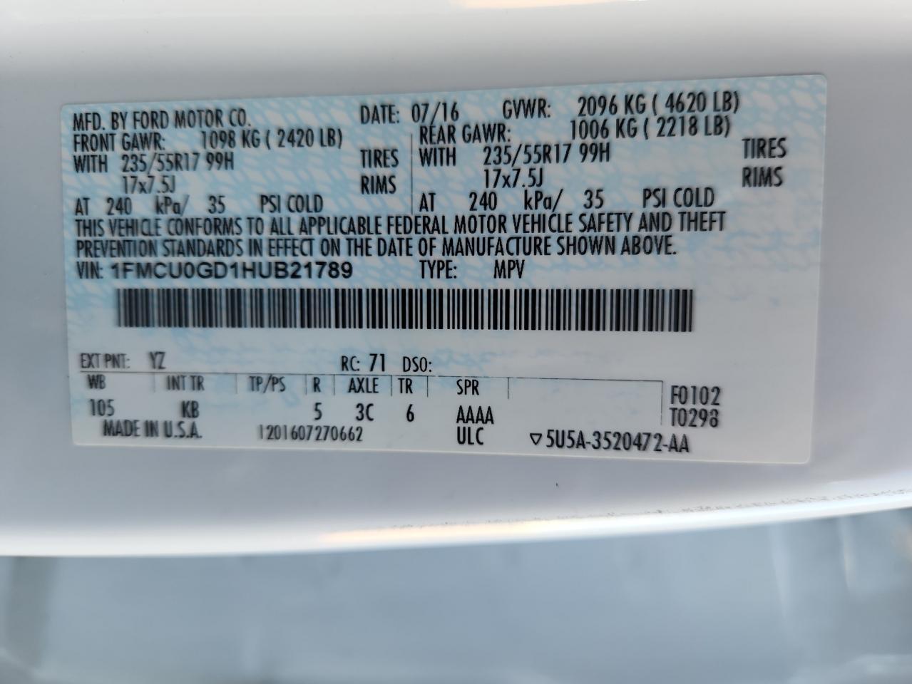 2017 Ford Escape Se VIN: 1FMCU0GD1HUB21789 Lot: 81793465