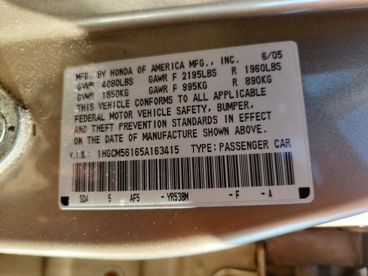 2005 Honda Accord Dx VIN: 1HGCM56165A163415 Lot: 80908975