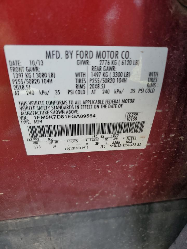 2014 Ford Explorer Xlt VIN: 1FM5K7D81EGA89564 Lot: 81839485