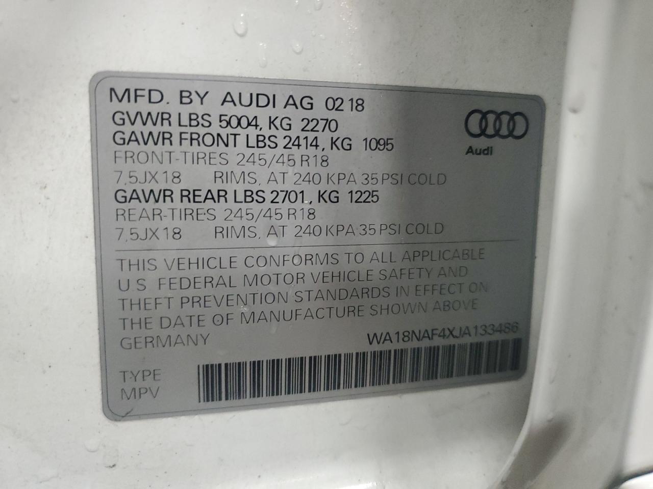2018 Audi A4 Allroad Premium Plus VIN: WA18NAF4XJA133486 Lot: 81289255